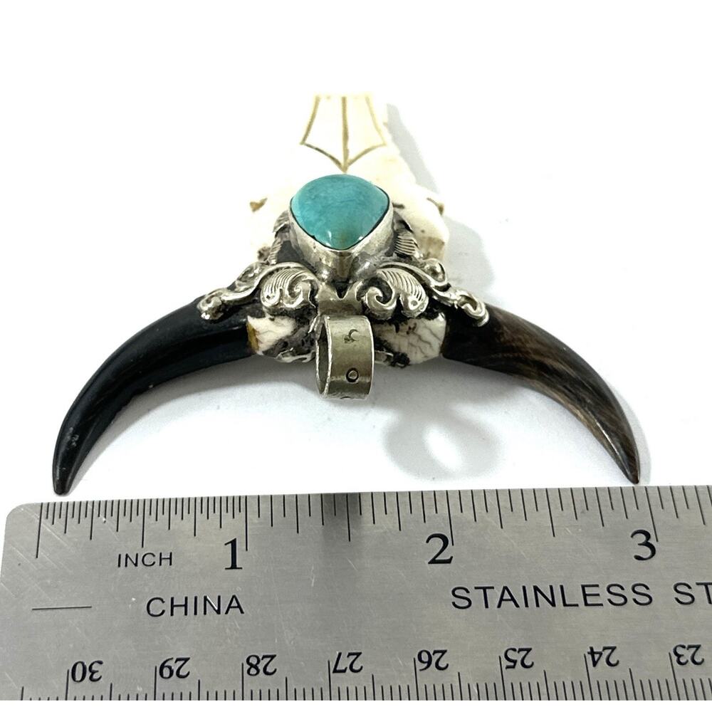 Western Steer Skull Style Pendant Turquoise Stone Southwestern Necklace Charm 3” - Picture 5 of 8